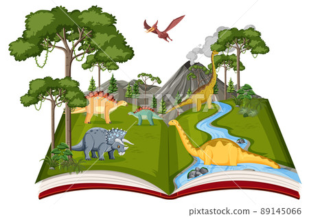 Book with scene of dinosaurs in the forest 89145066