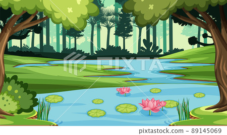 Nature scene with many trees and river Nature scene with many trees and river 89145069