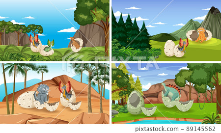 Different prehistoric forest scenes with dinosaur cartoon 89145562