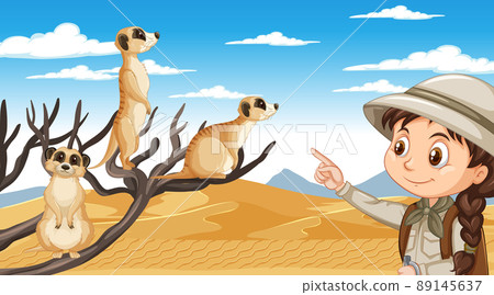 A girl explorer with meerkat group in desert forest A girl explorer with meerkat group in desert forest 89145637