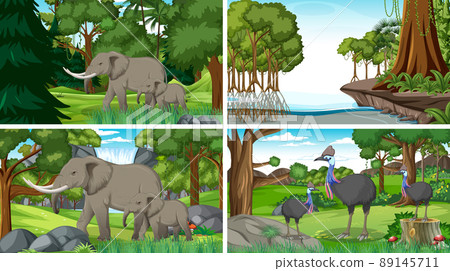 Set of nature scene with trees on mountains with Animal 89145711