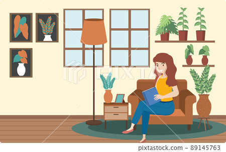 A woman working using laptop flat design at home A woman working using laptop flat design at home 89145763