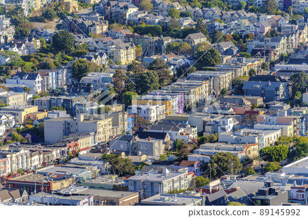 Entire residential area in San Francisco, California with trees outside 89145992