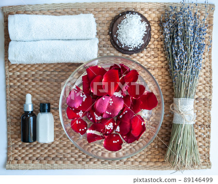 Spa concept for nails, manicure and pedicure. Flat Lay Roses lavander , salt and brush Spa concept for nails, manicure and pedicure. Flat Lay Roses lavander , salt and brush 89146499
