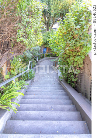 Concrete u-shaped outdoor staircase with two landings in the middle at San Francisco, California Concrete u-shaped outdoor staircase with two landings in the middle at San Francisco, California 89146622