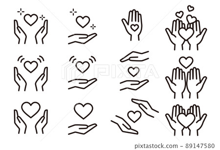 Hand and heart icon set (monochrome) 89147580