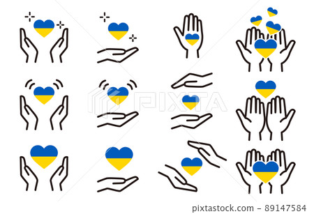 Ukrainian color heart and hand icon set Ukrainian color heart and hand icon set 89147584