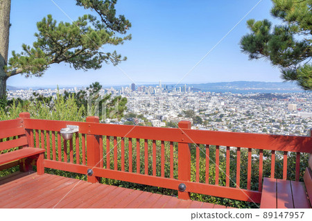 San Francisco residential and commercial buildings view from a wooden deck of an apartment complex San Francisco residential and commercial buildings view from a wooden deck of an apartment complex 89147957
