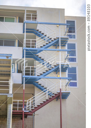 Perron staircase on a building with light blue and red beams at San Clemente, California Perron staircase on a building with light blue and red beams at San Clemente, California 89148103