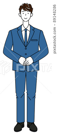 一個穿著西裝的可愛男人的站立姿勢站立姿勢全身插圖矢量左手向上 89148286