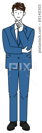 A cute man in a suit who is positively thinking about a decision Full body standing illustration vector 89148303