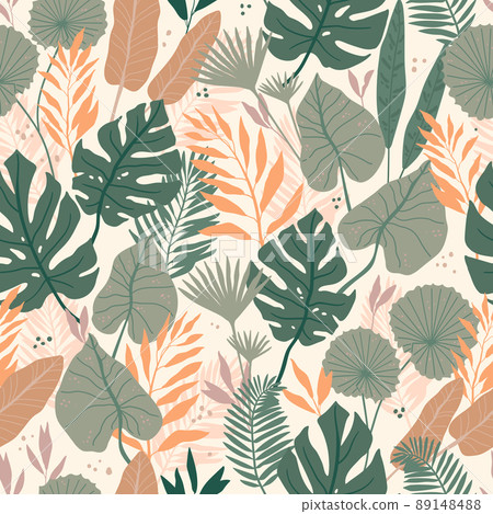 Seamless pattern with tropical spirit. Jungle leaves and palms. Vector illustration. 89148488