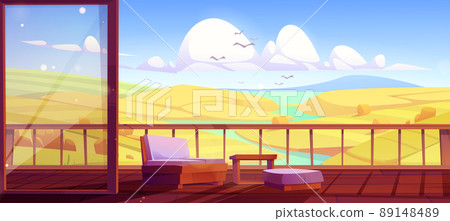 Wooden house terrace with autumn countryside view 89148489