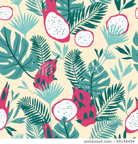 Seamless pattern with tropical spirit. Jungle leaves and palms. Vector illustration. 89148494