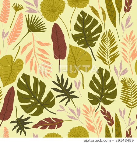 Seamless pattern with tropical spirit. Jungle leaves and palms. Vector illustration. 89148499