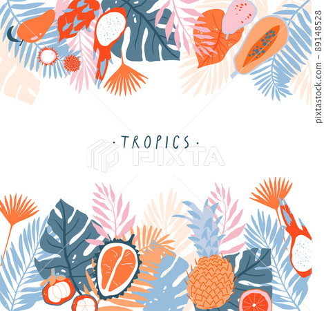 Tropical palm leavesand fruits background. Jungle spirit. Frame with fern, monstera and other leaves. 89148528