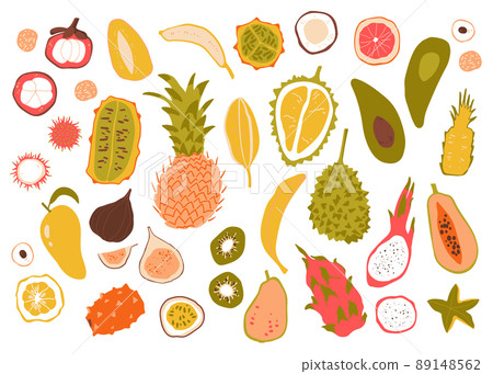 Tropical fruits collection. Bright and juicy isolated fruits in simple elegant style. Tropical fruits collection. Bright and juicy isolated fruits in simple elegant style. 89148562