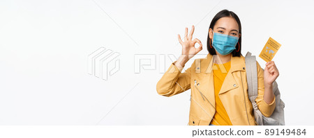 Hey you got point. Cheerful cute asian lively girl dark short haircut pointing camera finger-pistol smiling broadly, encourage friend make move, congratulate coworker good job, stand blue background Hey you got point. Cheerful cute asian lively girl dark short haircut pointing camera finger-pistol smiling broadly, encourage friend make move, congratulate coworker good job, stand blue background 89149484