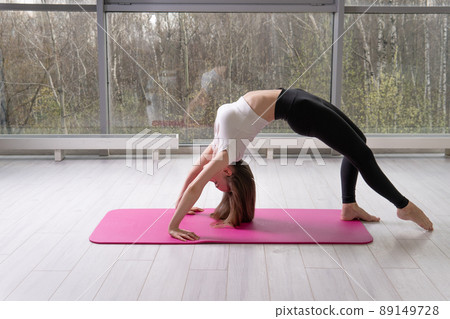 The the of mat bridge on Stands the in pose fitness red bridge, from sportswear indoor from class from young person, floor sporty. Gymnastics plank copy, gym smiling practicing pose The the of mat bridge on Stands the in pose fitness red bridge, from sportswear indoor from class from young person, floor sporty. Gymnastics plank copy, gym smiling practicing pose 89149728