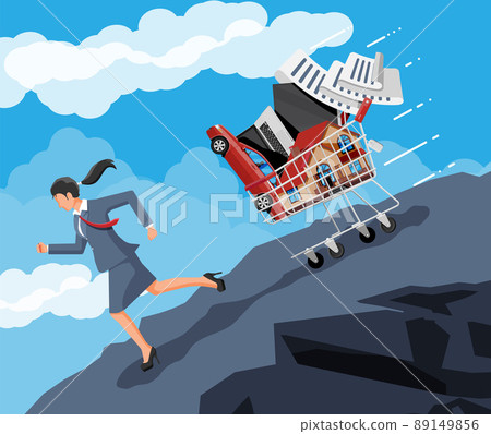 Businesswoman Running Away from Shopping Cart Businesswoman Running Away from Shopping Cart 89149856