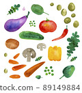Vegetables watercolor set collection. Mushrooms,tomato eggplant arugula spinach peas carrots 89149884