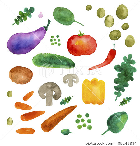 Vegetables watercolor set collection. Mushrooms,tomato eggplant arugula spinach peas carrots 89149884