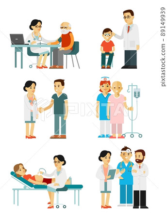 Set of doctors and patients in different situation. 89149939