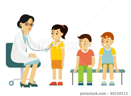 Pediatrician doctor concept. Young woman practitioner and happy children in flat style isolated on white background. Pediatrician doctor concept. Young woman practitioner and happy children in flat style isolated on white background. 89150512