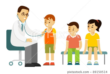 Pediatrician doctor concept. Young man practitioner and happy children in flat style isolated on white background. Pediatrician doctor concept. Young man practitioner and happy children in flat style isolated on white background. 89150514