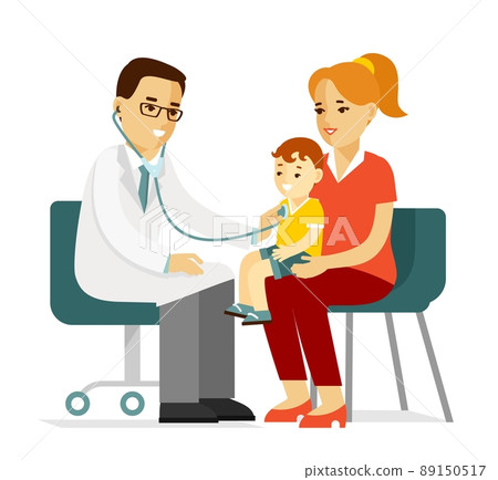Pediatrician doctor concept. Young man practitioner and happy family with mother and kid in flat style isolated on white background. Pediatrician doctor concept. Young man practitioner and happy family with mother and kid in flat style isolated on white background. 89150517
