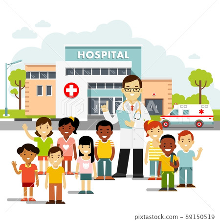 Pediatrician doctor concept. Young man practitioner and happy children in flat style isolated on white background. Pediatrician doctor concept. Young man practitioner and happy children in flat style isolated on white background. 89150519