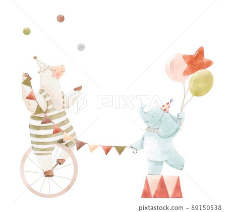 Beautiful composition with cute watercolor hand drawn circus animals. Sheep juggle on unicycle, baby elephant with air balloons. Stock illustration. 89150538