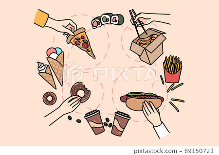 People eating diverse fast food meals  89150721