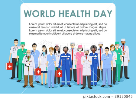 World Health Day. Medical concept. Detailed illustration of doctor and nurses in flat style isolated on blue background. Practitioner doctors man and woman standing in different positions. Vector. 89150845