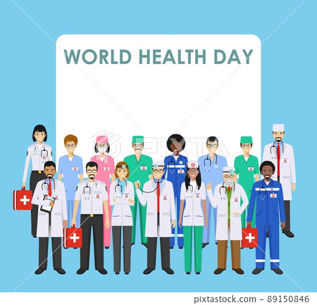 World Health Day. Medical concept. Detailed illustration of doctor and nurses in flat style isolated on blue background. Practitioner doctors man and woman standing in different positions. Vector. 89150846