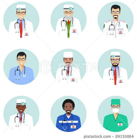 Medical concept. Different doctors, nurses characters avatars icons set in flat style isolated. Differences medical persons smiling faces. Vector illustration. 89150864