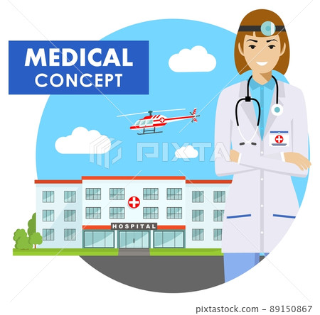 Medical concept. Detailed illustration of emergency doctor woman in uniform on background with hospital and flying helicopter in flat style. Vector illustration. Medical concept. Detailed illustration of emergency doctor woman in uniform on background with hospital and flying helicopter in flat style. Vector illustration. 89150867