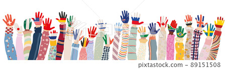 Arms raised up of multicultural children who have palms colored with the flags of various nations and countries. Group of multiethnic children and infants of different culture. Community Arms raised up of multicultural children who have palms colored with the flags of various nations and countries. Group of multiethnic children and infants of different culture. Community 89151508