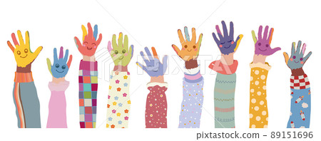 Group of painted hands of joyful happy multicultural kids and baby girls and boys.Colorful kids hands with smile.Preschool - kindergarten of children different cultures coloring together 89151696