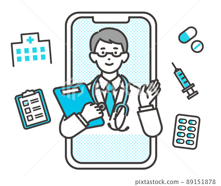 Vector illustration material / medical / medicine of a male doctor who performs remote examination (diagnosis) with a smartphone 89151878