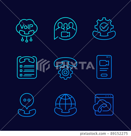 Voip telephony, video call and roaming line icons Voip telephony, video call and roaming line icons 89152275