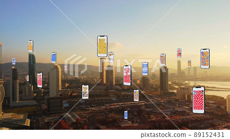 Connected aerial city with several interfaces. Futuristic concept. Augmented reality over Izmir. High quality photo Connected aerial city with several interfaces. Futuristic concept. Augmented reality over Izmir. High quality photo 89152431