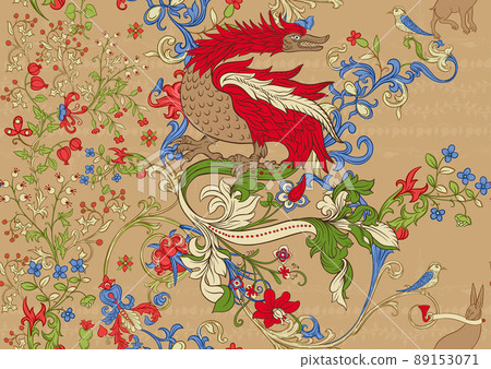 Floral vintage pattern. Medieval illuminati manuscript inspiration. 89153071