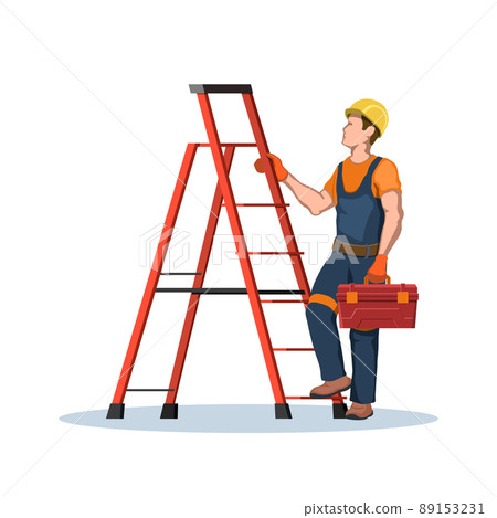 Worker with toolbox use a ladder. Builder with uniform and helmet. Engineer on stepladder. Isolated industrial scene. Portrait of contractor boy Worker with toolbox use a ladder. Builder with uniform and helmet. Engineer on stepladder. Isolated industrial scene. Portrait of contractor boy 89153231