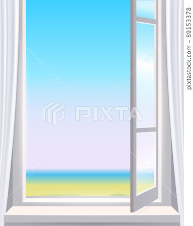 Opened window in interior, view on landscape, spring, curtains. Vector illustration template realistic 89153378