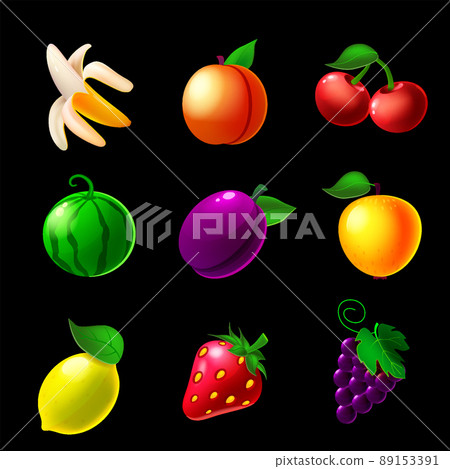 Set of Fruits machine slot icons, lemon, strawberry, grapes, apple, watermelon, plum, banana, peach, cherry. Classic collection symbol for games gambling, mobile app. Vector illustration cartoon style Set of Fruits machine slot icons, lemon, strawberry, grapes, apple, watermelon, plum, banana, peach, cherry. Classic collection symbol for games gambling, mobile app. Vector illustration cartoon style 89153391
