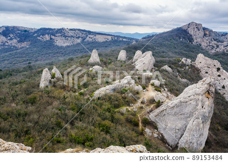 View of Temple of the Sun, Tyshlar rocks from Ilyas-Kaya mountain. Crimea View of Temple of the Sun, Tyshlar rocks from Ilyas-Kaya mountain. Crimea 89153484