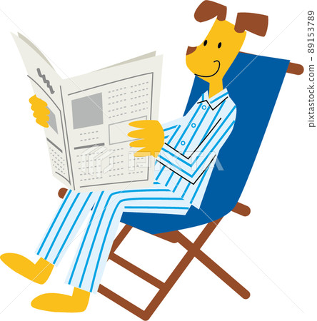 擬人化的雄性狗穿著睡衣坐在椅子上看報紙。 89153789