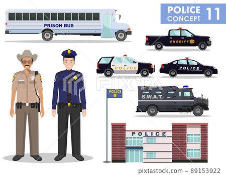 Police concept. Detailed illustration of police station, policeman, sheriff, prison bus, armored S.W.A.T. truck and car in flat style on white background. Vector illustration. Police concept. Detailed illustration of police station, policeman, sheriff, prison bus, armored S.W.A.T. truck and car in flat style on white background. Vector illustration. 89153922