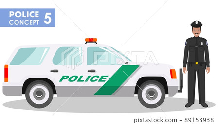Police concept. Detailed illustration of policeman and car in flat style on white background. Vector illustration. 89153938